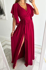 Solid Color Bell Sleeve Loose V-neck Mop Dress - Fashionner