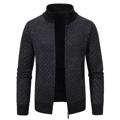Thickened Plaid Print Jacket Cardigan Fashion Slim Fit Zipper Stand Collar Sweater Winter Men's Casual Long Sleeve Knitted Top Clothing