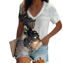 Women's T-shirt Summer Irregular Digital Printing Fashion Loose V-neck Color Short Sleeve Top - Fashionner