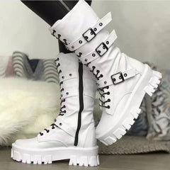 Buckle Lace-up Side Zip Punk Women's Mid Boots - Fashionner