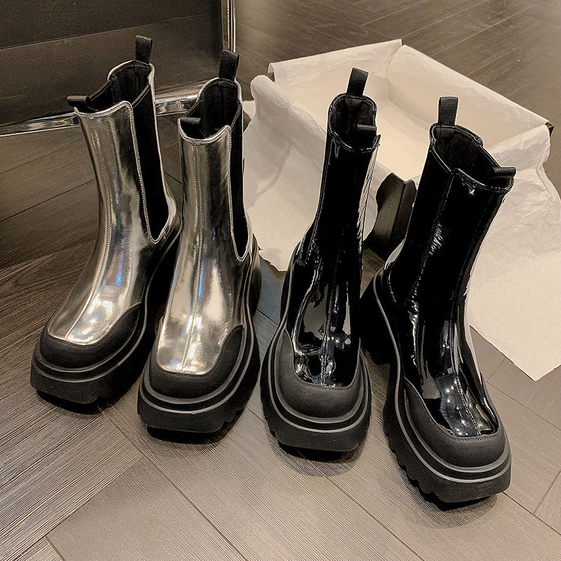 Autumn And Winter Cowhide Silver Platform Martin Boots High Heels Fleece-lined Waterproof Platform Thick Heel Stretch Women - Fashionner