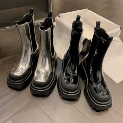 Autumn And Winter Cowhide Silver Platform Martin Boots High Heels Fleece-lined Waterproof Platform Thick Heel Stretch Women - Fashionner