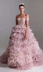 One-line Shoulder Wipe Chest Princess Studded Beaded Cake Skirt Pink Wedding Dress - Fashionner