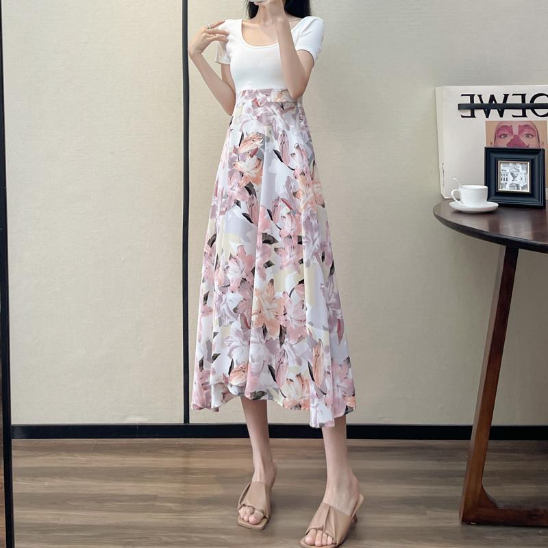 Women's Fashion High Waist Slimming Wide Hem Printed Dress - Fashionner