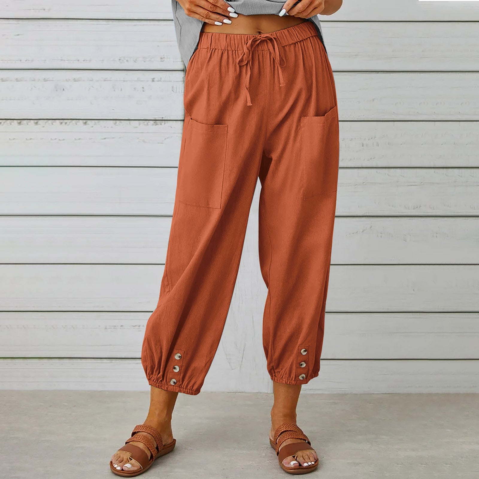 Women Drawstring Tie Pants Spring Summer Cotton And Linen Trousers With Pockets Button - Fashionner