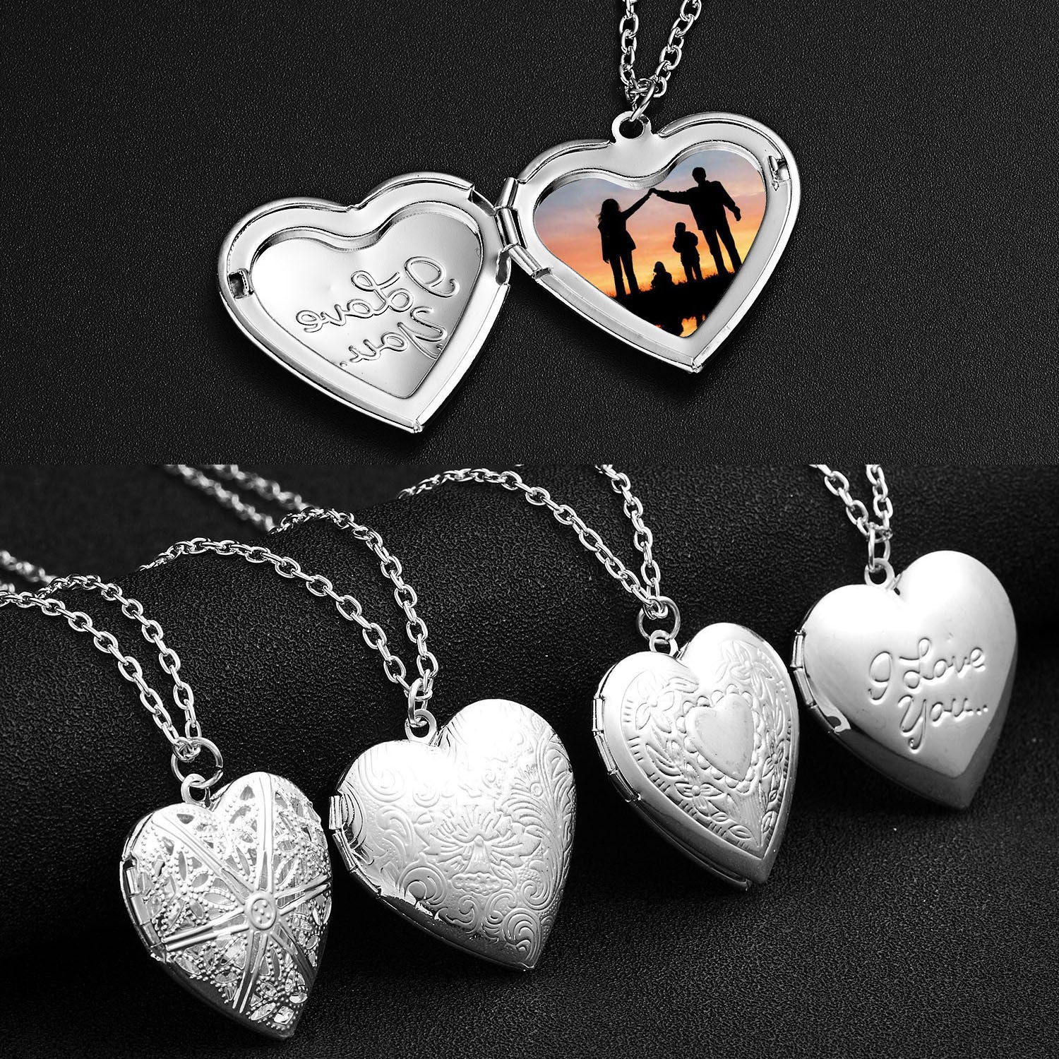 Carved Design Love Necklace Personalized Heart-shaped Photo Frame Pendant Necklace For Women Family Jewelry For Valentine's Day - Fashionner