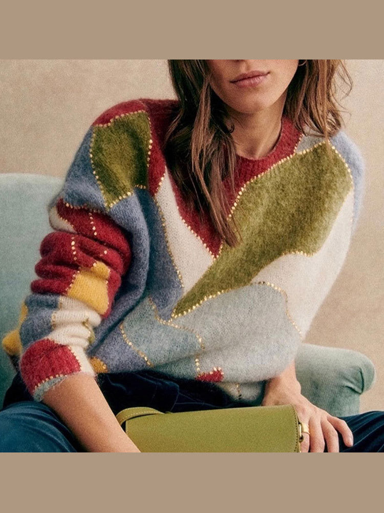 Spliced Painted Sequin Pullover Sweater - Fashionner