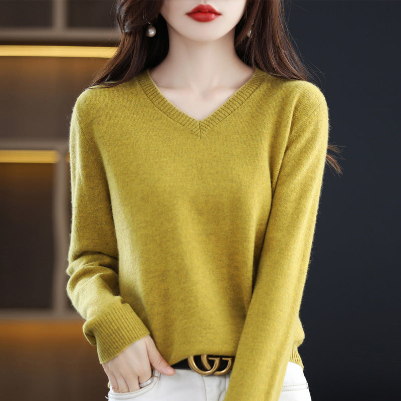 Women's V-neck Loose Pullover Long Sleeve Sweater - Fashionner