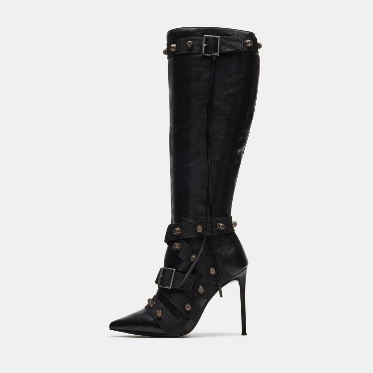 Metal Leathern Pointed Stiletto Heel High Leg Boot Rivet - Fashionner