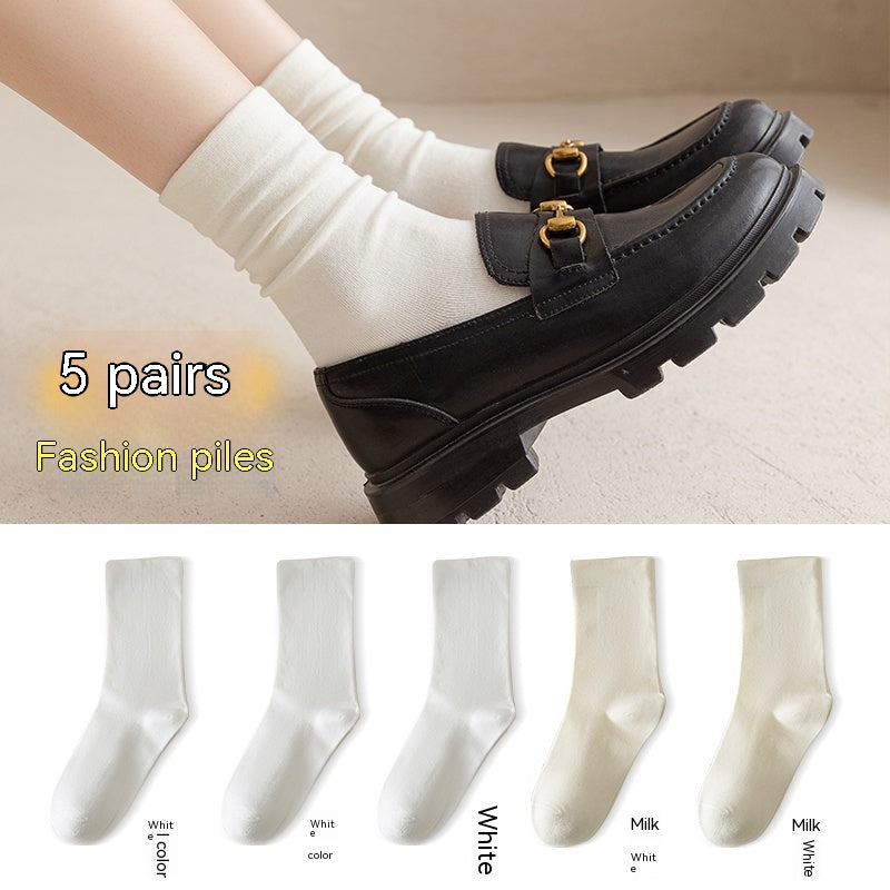 White Women's Mid-tube Socks Solid Color - Fashionner