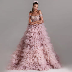One-line Shoulder Wipe Chest Princess Studded Beaded Cake Skirt Pink Wedding Dress - Fashionner