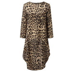 Leopard Print Long Sleeve Irregular Dress Women's Clothing - Fashionner