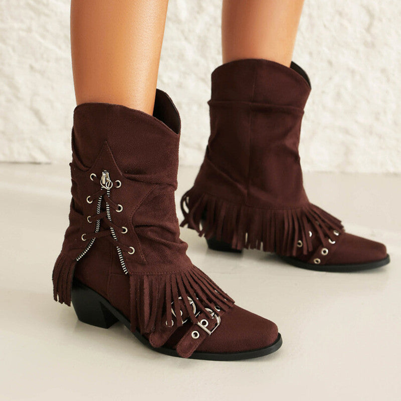 Female Boots Fleece-lined Tassel Buckle Pleated - Fashionner