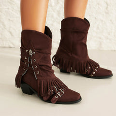Female Boots Fleece-lined Tassel Buckle Pleated - Fashionner