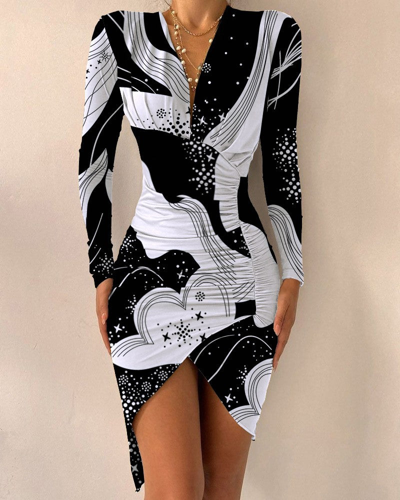 Autumn And Winter Long Sleeve V-neck Printed Tight Split Dress Women's Clothing - Fashionner