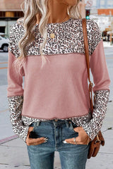 European And American Pullover Round Neck Leopard Splicing Waffle Sweater - Fashionner