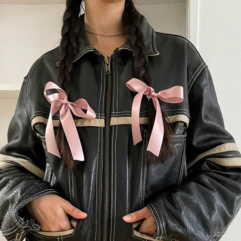 Women's Retro Contrast Color Split Leather Coat - Fashionner