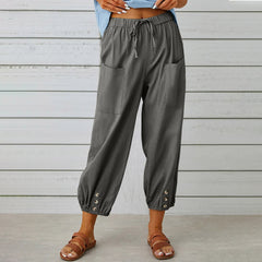 Women Drawstring Tie Pants Spring Summer Cotton And Linen Trousers With Pockets Button - Fashionner