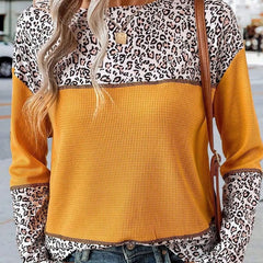 European And American Pullover Round Neck Leopard Splicing Waffle Sweater - Fashionner
