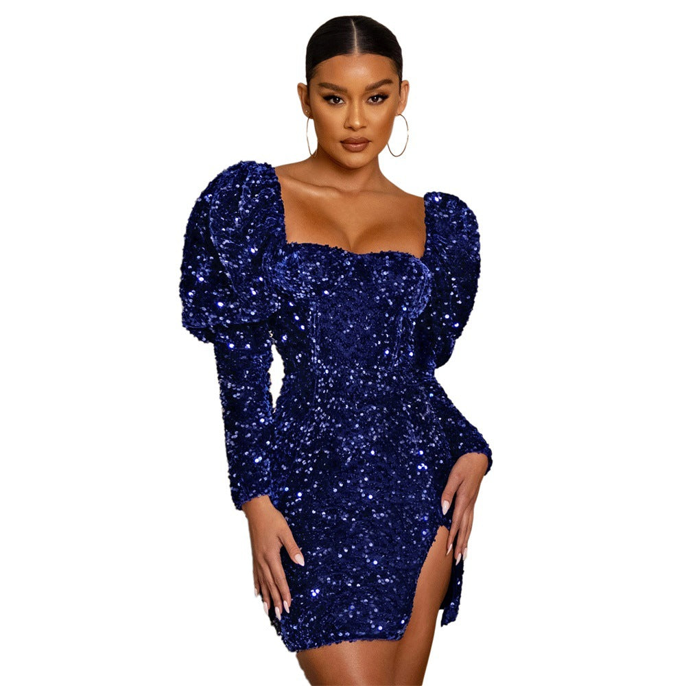 Sequin Backless Padded Shoulder Bubble Sleeve Party Dresses For Women - Fashionner