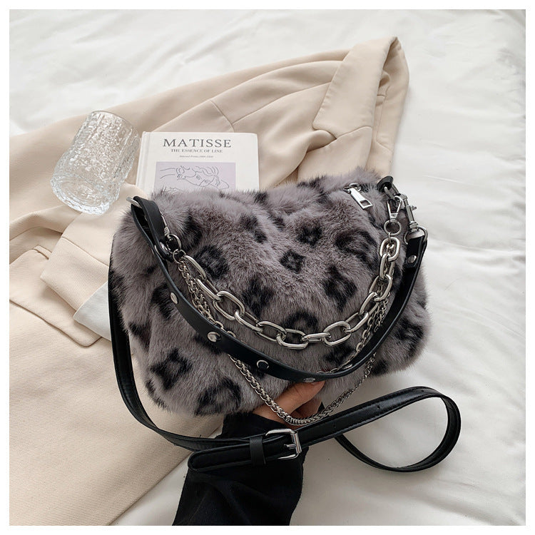 Winter Plush Bags Chain Shoulder Bag Women Flowers Print Handbags - Fashionner