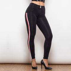 Shascullfites Melody Middle Waist Dark Thread Black Jeans With White&Red Stripe Pants Women Butt Lift Jeans Shaping Pants - Fashionner
