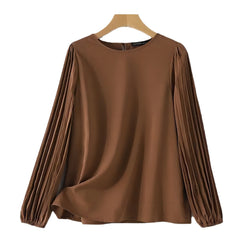 Women's Long-sleeved Shirt Round Neck Retro Solid Color - Fashionner