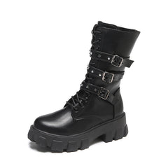 Buckle Lace-up Side Zip Punk Women's Mid Boots - Fashionner