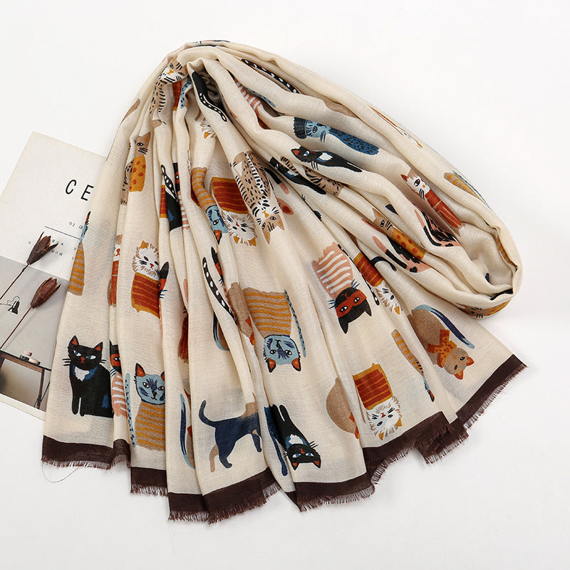 Autumn And Winter Polyester Long Scarf Female Cartoon Cat - Fashionner