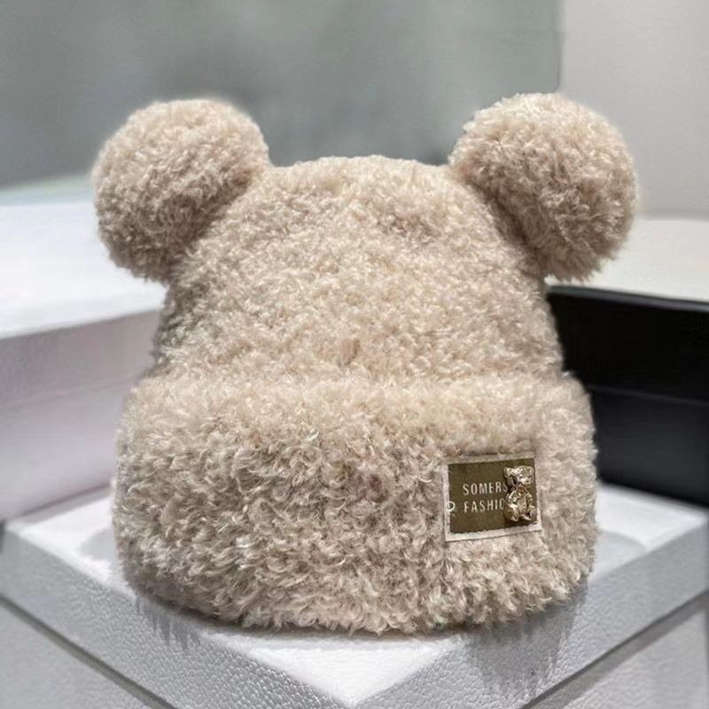 Winter Plush Bonnet Cute Bear Makes Face Look Smaller Metal Label - Fashionner