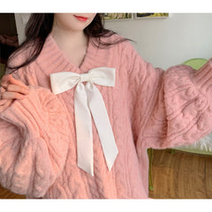 Women's V-neck Twist Lazy Gentle Bow Autumn And Winter Loose Velvet Thickened - Fashionner