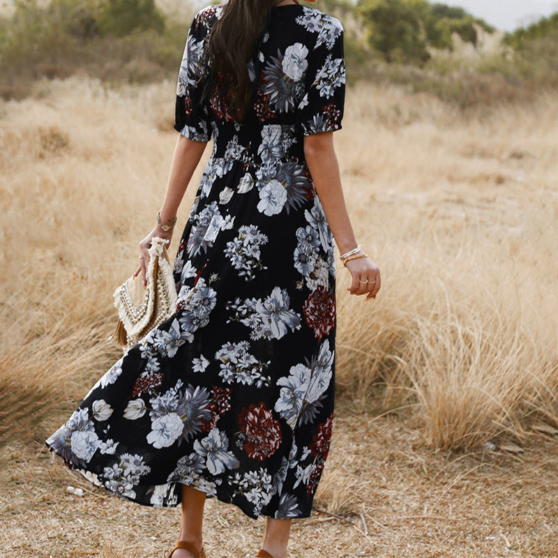 Floral Summer Beach Dress With V Neck Elastic Waist Dresses For Women - Fashionner