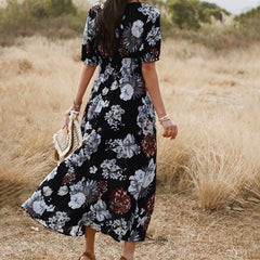 Floral Summer Beach Dress With V Neck Elastic Waist Dresses For Women - Fashionner