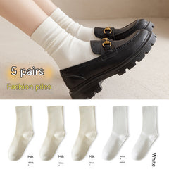 White Women's Mid-tube Socks Solid Color - Fashionner