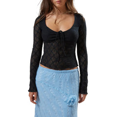 Slim-fit Lace Lace-up Long-sleeved Bottoming Shirt - Fashionner