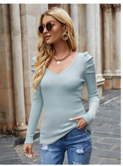 Slim Fit High-elastic V-neck Base Puff Sleeve Sweater For Women - Fashionner