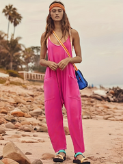 Summer Women's Loose Sleeveless Jumpsuits Spaghetti Strap Long Pant Romper Jumpsuit With Pockets Zipper - Fashionner