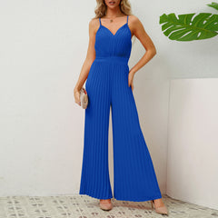V-neck Suspender Pleated Jumpsuit Solid Color Loose Straight Pants Womens Clothing - Fashionner