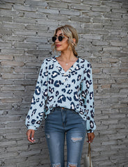 Leopard Print Printed V-neck Off-the-shoulder Long Sleeve T-shirt - Fashionner