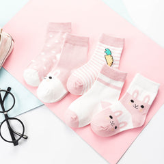 5 Pairs Children's Cotton Mid-calf Length Socks - Fashionner