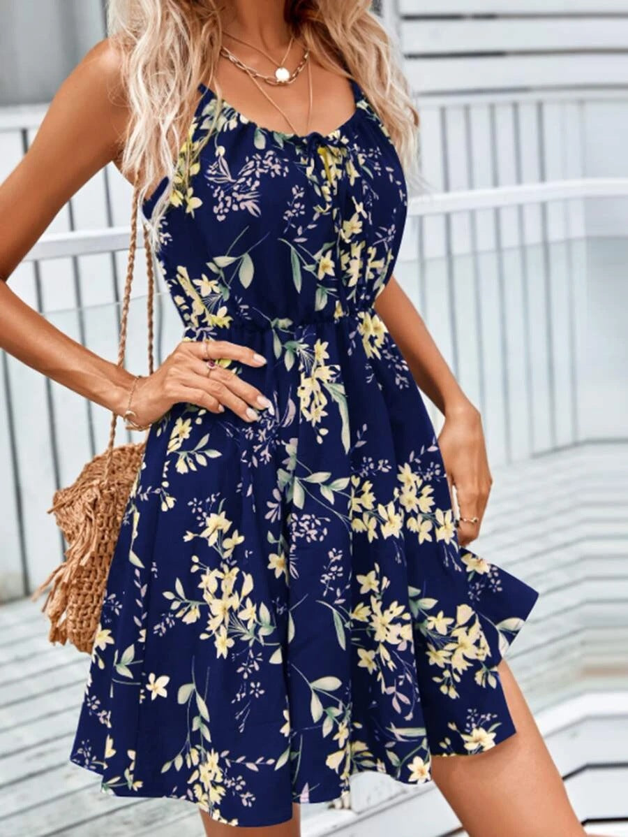 Floral Print Suspender Dress With Elastic Waist Design Fashion Summer Short Dresses Womens Clothing - Fashionner