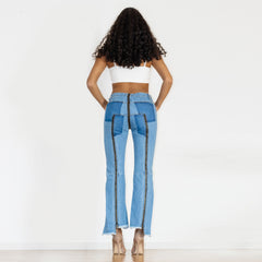 Shascullfites Women Split Straight Jeans Women Club Dancing Pants Light Blue Denim Pants Slim Fit Zipper Jeans - Fashionner