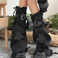 Star Embroidery Tie-neck Denim Retro Slightly Flared Women's Pile Tube Socks Leg Warmer - Fashionner