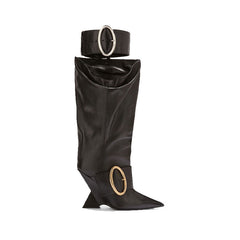 High-profile Wedge Sleeve Pointed Slip-on Strap Large Fastener Boots - Fashionner