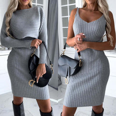2pcs Suit Women's Solid Stripe Long-sleeved Top And Tight Suspender Skirt Fashion Autumn Winter Slim Clothing - Fashionner