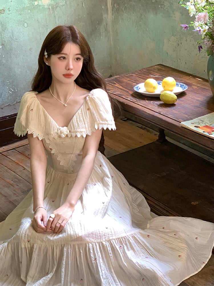 French Vintage Embroidered Floral Dress - Fashionner