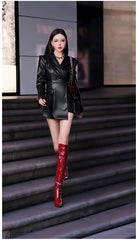 Black PU Leather Suit Jacket For Women - Fashionner