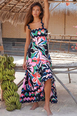 Flowers Print Wavy Pattern Suspender Long Dress For Women Fashion A-Line Beach Dresses Womens Clothing - Fashionner