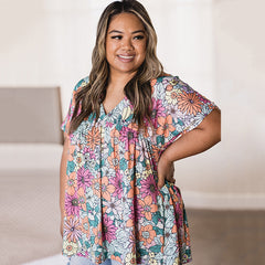 Summer Floral Print Loose Pleating V-neck Top - Fashionner