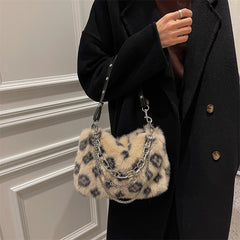 Winter Plush Bags Chain Shoulder Bag Women Flowers Print Handbags - Fashionner